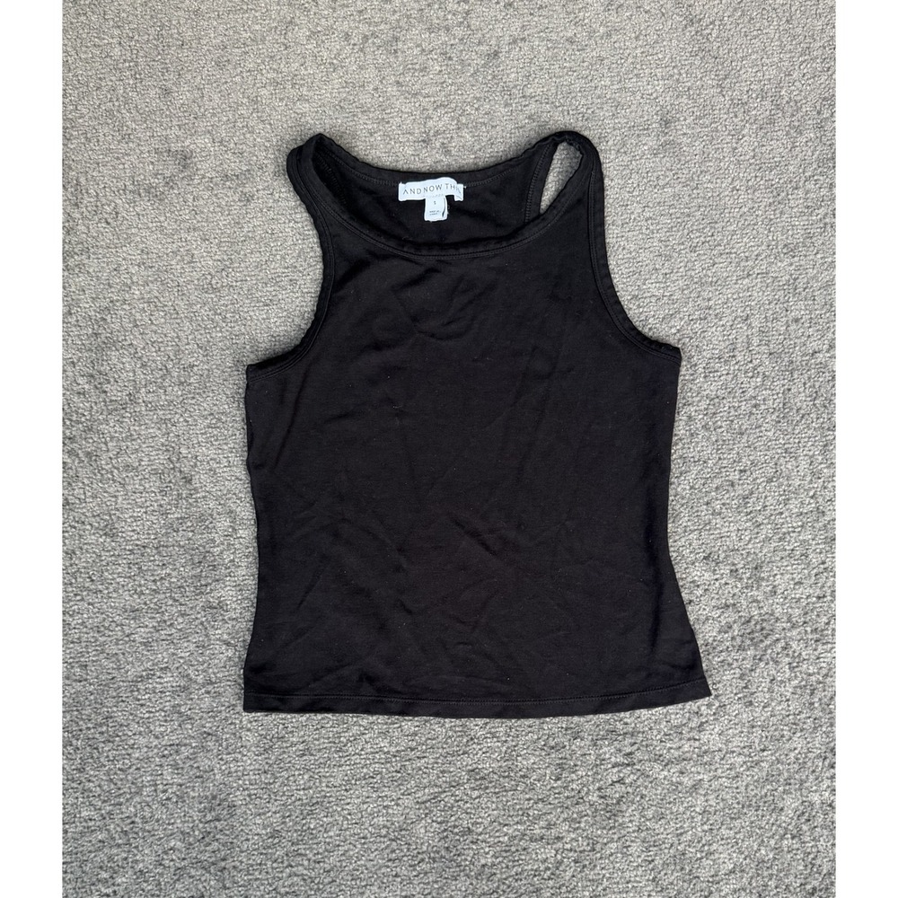 And Now This Black Racerback Tank Top Small Ribbed Crew Neck Sleeveless Fitted